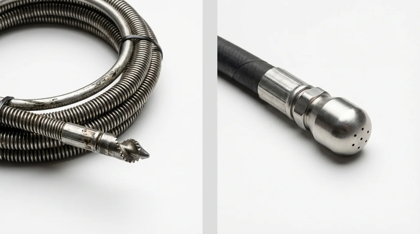 Drain snake cable and hydro jetting nozzle used for drain cleaning in Manchaca, TX