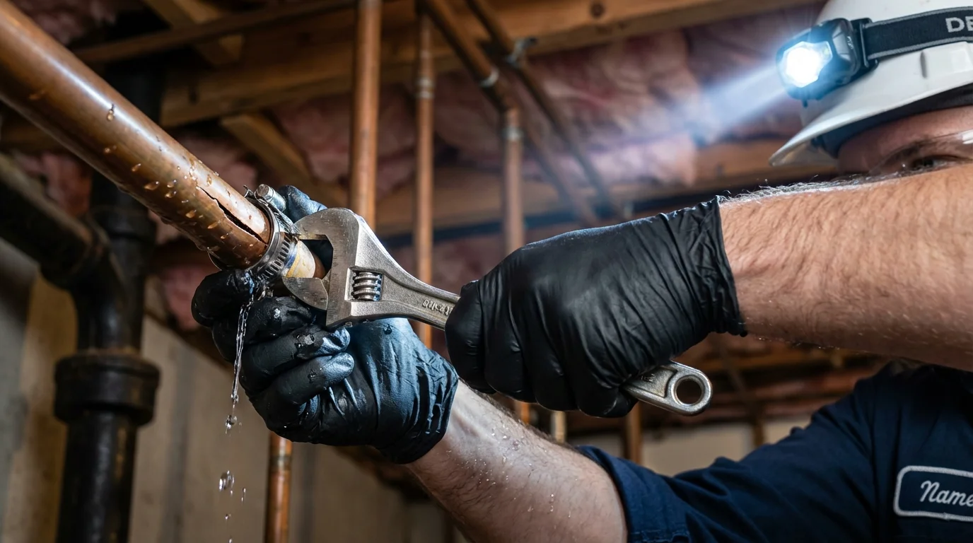 Emergency pipe clamp repair being performed by a Johns Plumbing LLC plumber in Manchaca