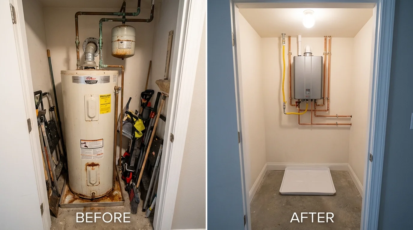 Tank water heater versus wall-mounted tankless unit comparison for Manchaca, TX homeowners
