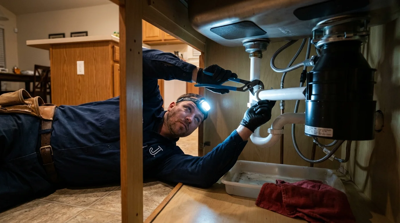 P-trap and supply line connections under a kitchen sink showing a common leak point in Manchaca, TX